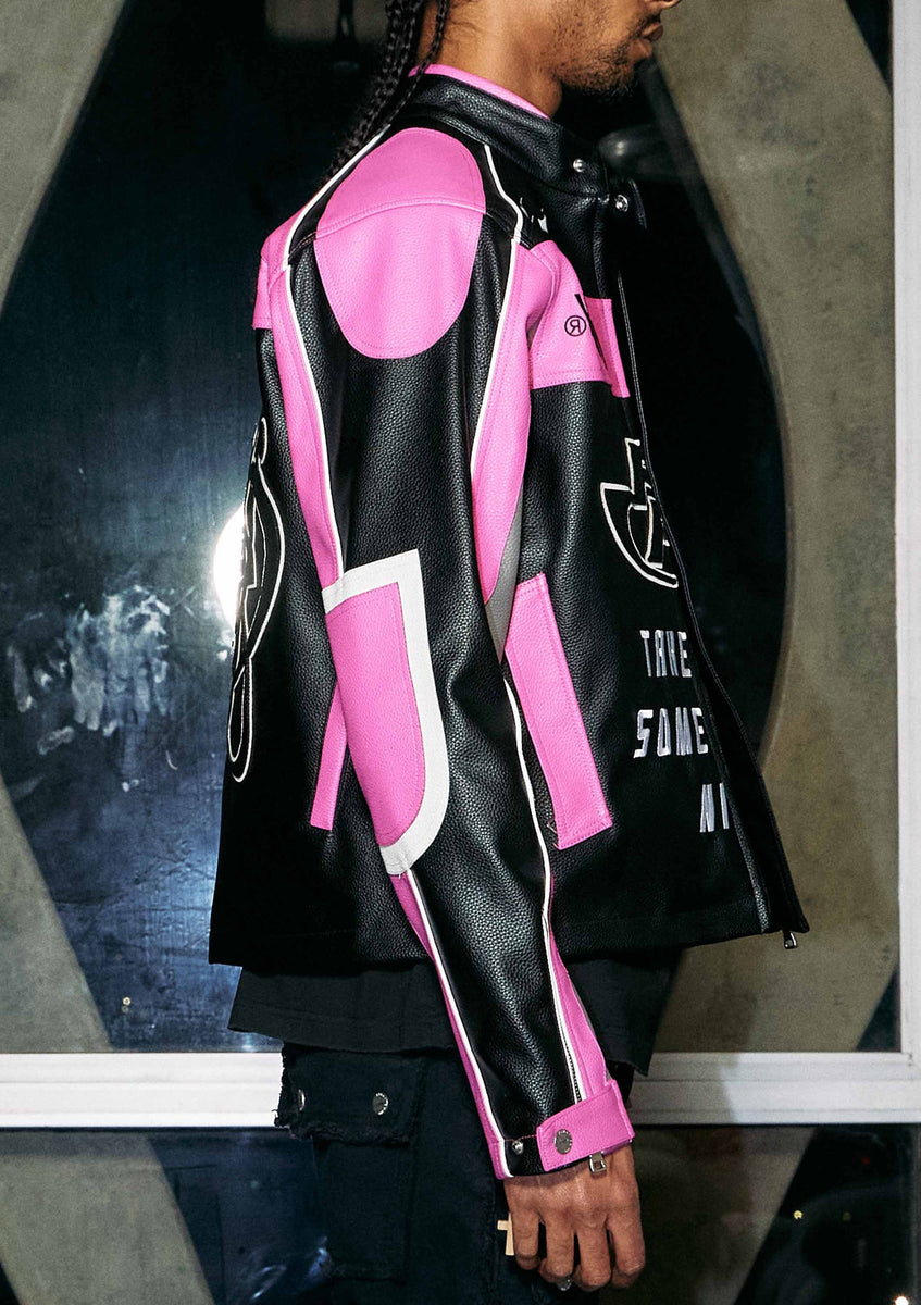 First Row - Take Me Somewhere Nice Leather Racing Jacket (Black/Pink)