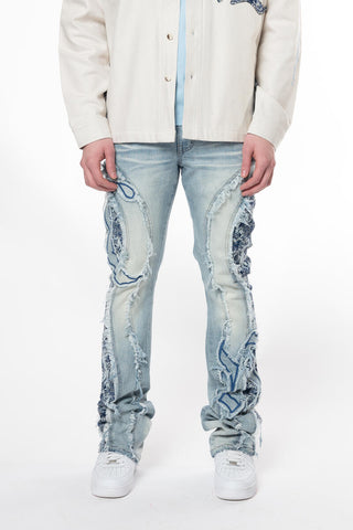 Smoke Rise - Tapestry Panel Stacked Monogram Jeans (Montauk Blue)