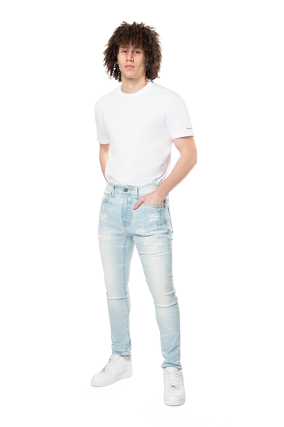 Smoke Rise - Shotgun Effect & Lightening Washed Super Skinny Jeans (Speckle Blue)