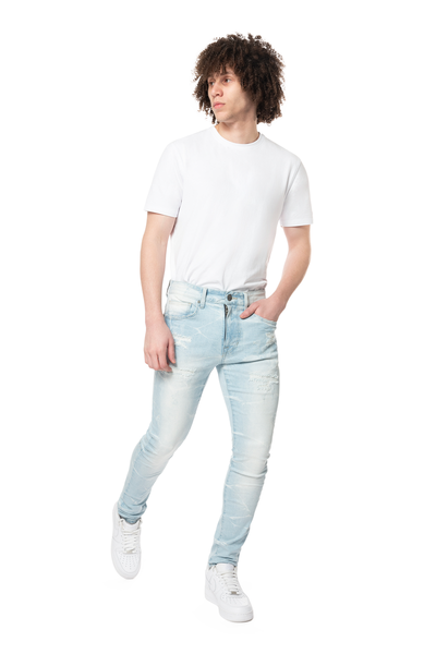 Smoke Rise - Shotgun Effect & Lightening Washed Super Skinny Jeans (Speckle Blue)