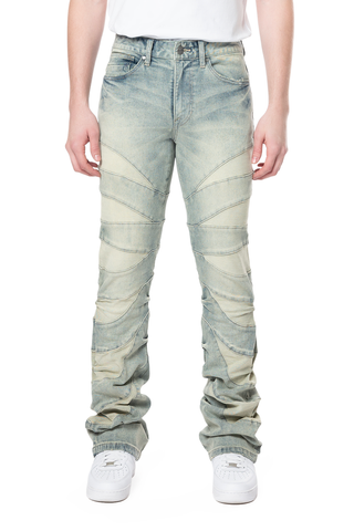 Smoke Rise - Half-Moon Insert Pieced Stacked Jeans (Industria Blue)