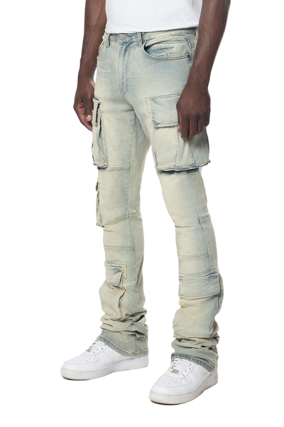 Smoke Rise - Utility Multi Cargo Stacked Jeans (INDUSTRIAL BLUE)