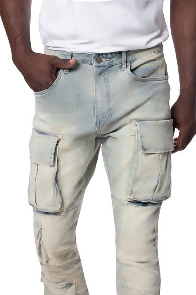 Smoke Rise - Utility Multi Cargo Stacked Jeans (INDUSTRIAL BLUE)