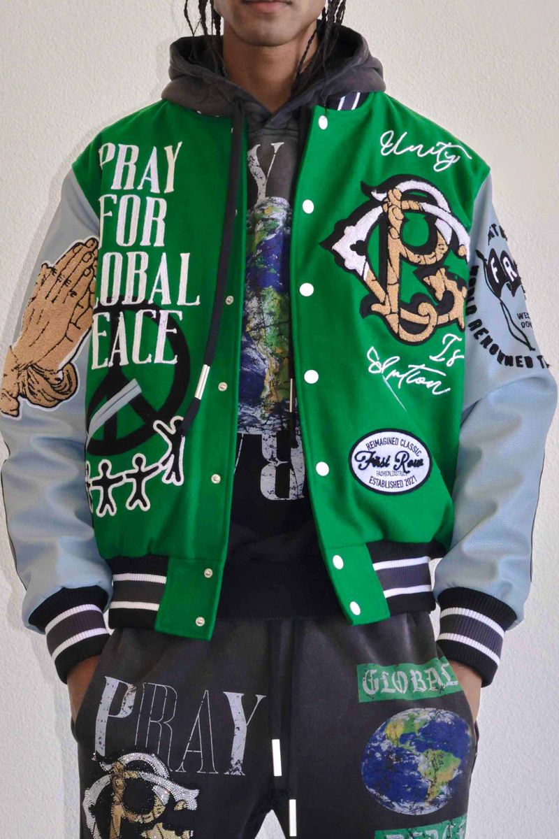 First Row - Global Peace Varsity Jacket (GREEN) – Octane First Row - Global Peace Varsity Jacket (GREEN) – Octane