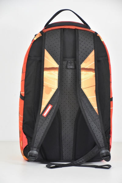 Sprayground Backpack with orange and black design on a white background