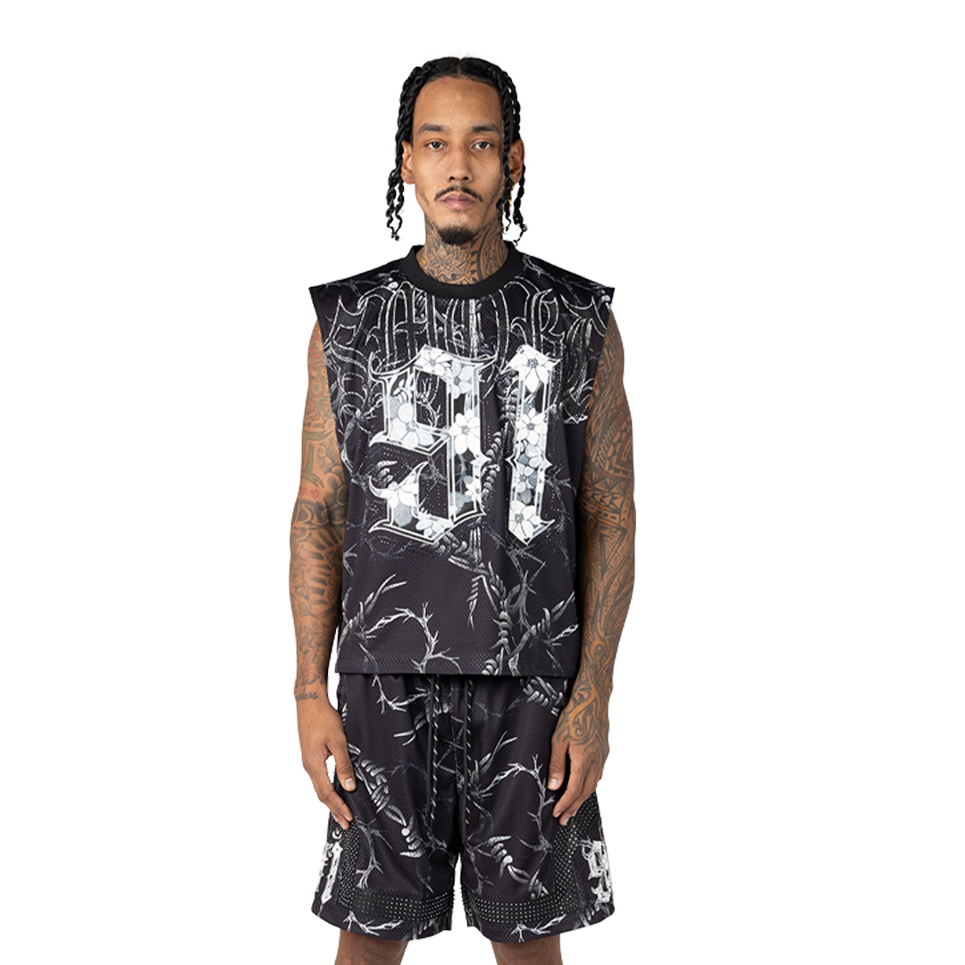 Printed Mesh Sleeveless Tee - BLK