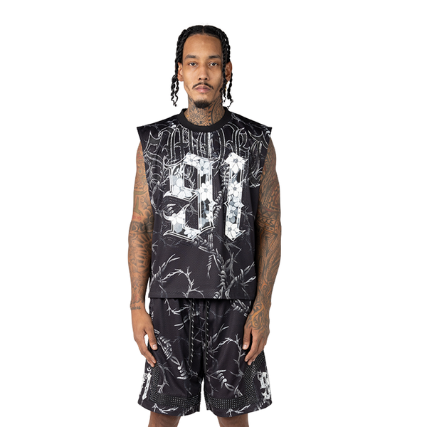 Printed Mesh Sleeveless Tee - BLK
