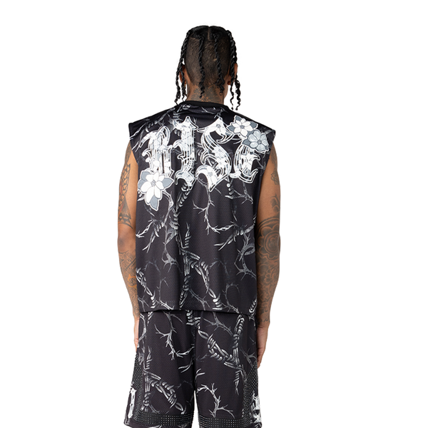 Printed Mesh Sleeveless Tee - BLK