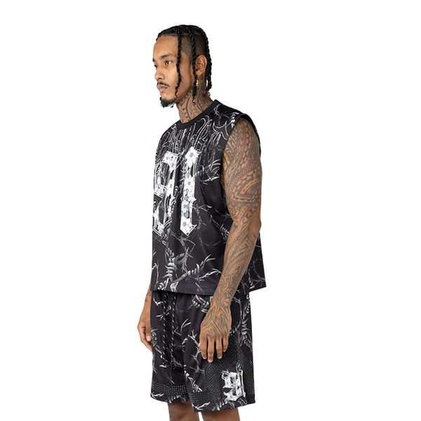 Printed Mesh Sleeveless Tee - BLK