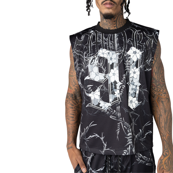 Printed Mesh Sleeveless Tee - BLK