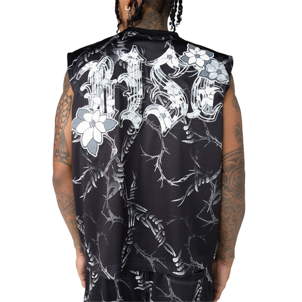 Printed Mesh Sleeveless Tee - BLK