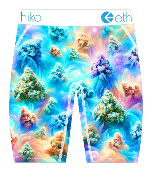 Colorful coral reef patterned underwear with Ethika branding on a white background