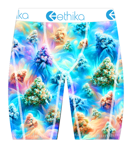 Colorful coral reef patterned underwear with Ethika branding on a white background