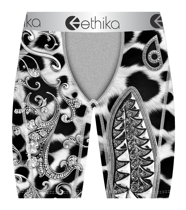 Ethika boxer briefs with black and white pattern and decorative elements on a white background