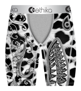 Ethika boxer briefs with black and white pattern and decorative elements on a white background