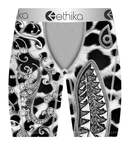 Ethika boxer briefs with black and white pattern and decorative elements on a white background