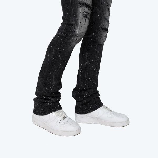 Smoke Rise - All Rhinestone Stacked Jean (Hematite Black)