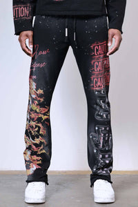 First Row - Caution Not So Quiet Ghost Rider Flames Flare Sweatpants (Black)