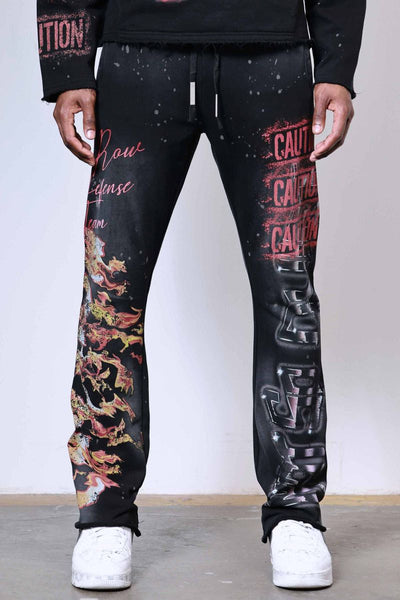 First Row - Caution Not So Quiet Ghost Rider Flames Flare Sweatpants (Black)