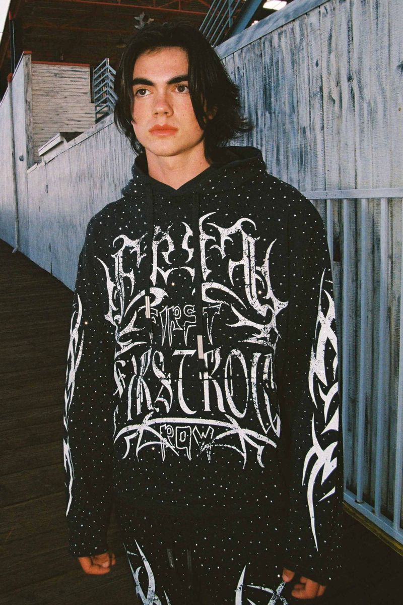 First Row - Y2K Tribal Allover Stud Hoodie (Grey)