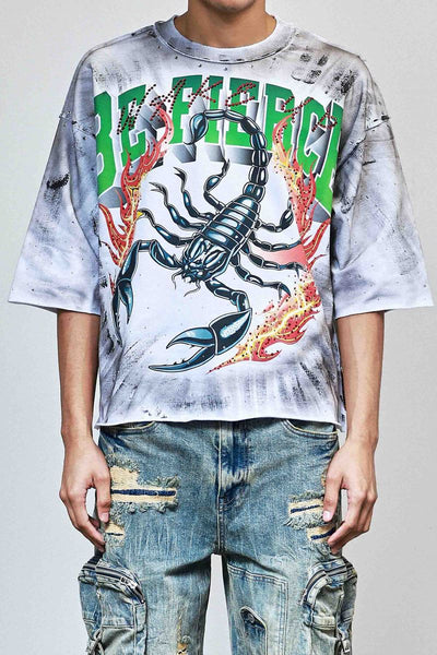 First Row - Be Fierce Burning Scorpion Cropped Tee (White)