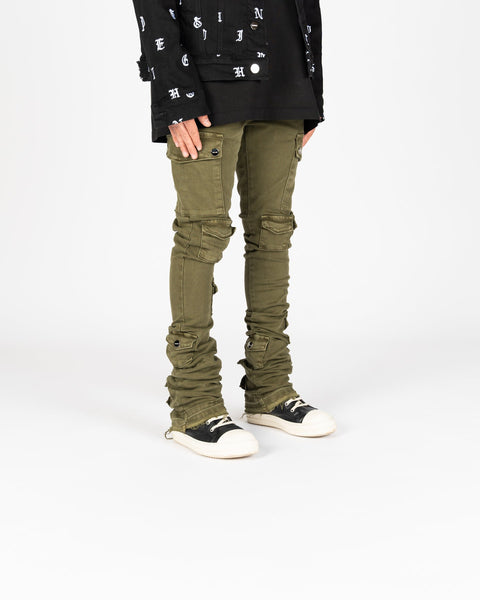 Pheelings - My Pleasure Cargo Flare Stack Jeans (Olive)