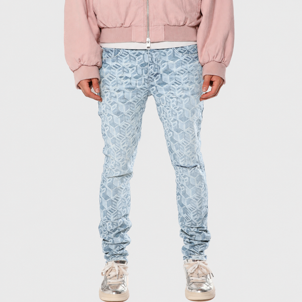 Lavender Purple - Skinny Jacquard Monogram Denim Jeans (Light Indigo)
