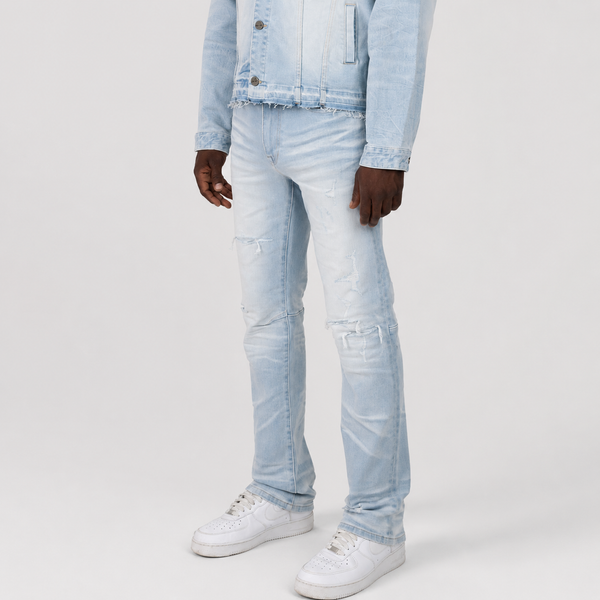 Light Gray Smoke Rise - Heavy Whisker Effect Jeans (Kori Blue)