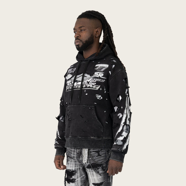 Dark Slate Gray Smoke Rise - Racing Double Layer Hoodie (Black)