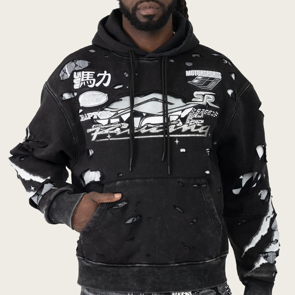 Dark Slate Gray Smoke Rise - Racing Double Layer Hoodie (Black)