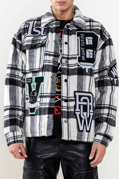 First Row - Plaid Shacket W/ Patches (Black)