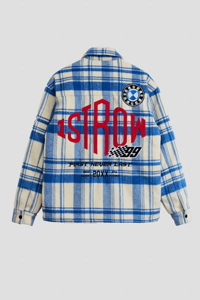 First Row - Multi Patches Wool Check Padding Shacket (Blue)