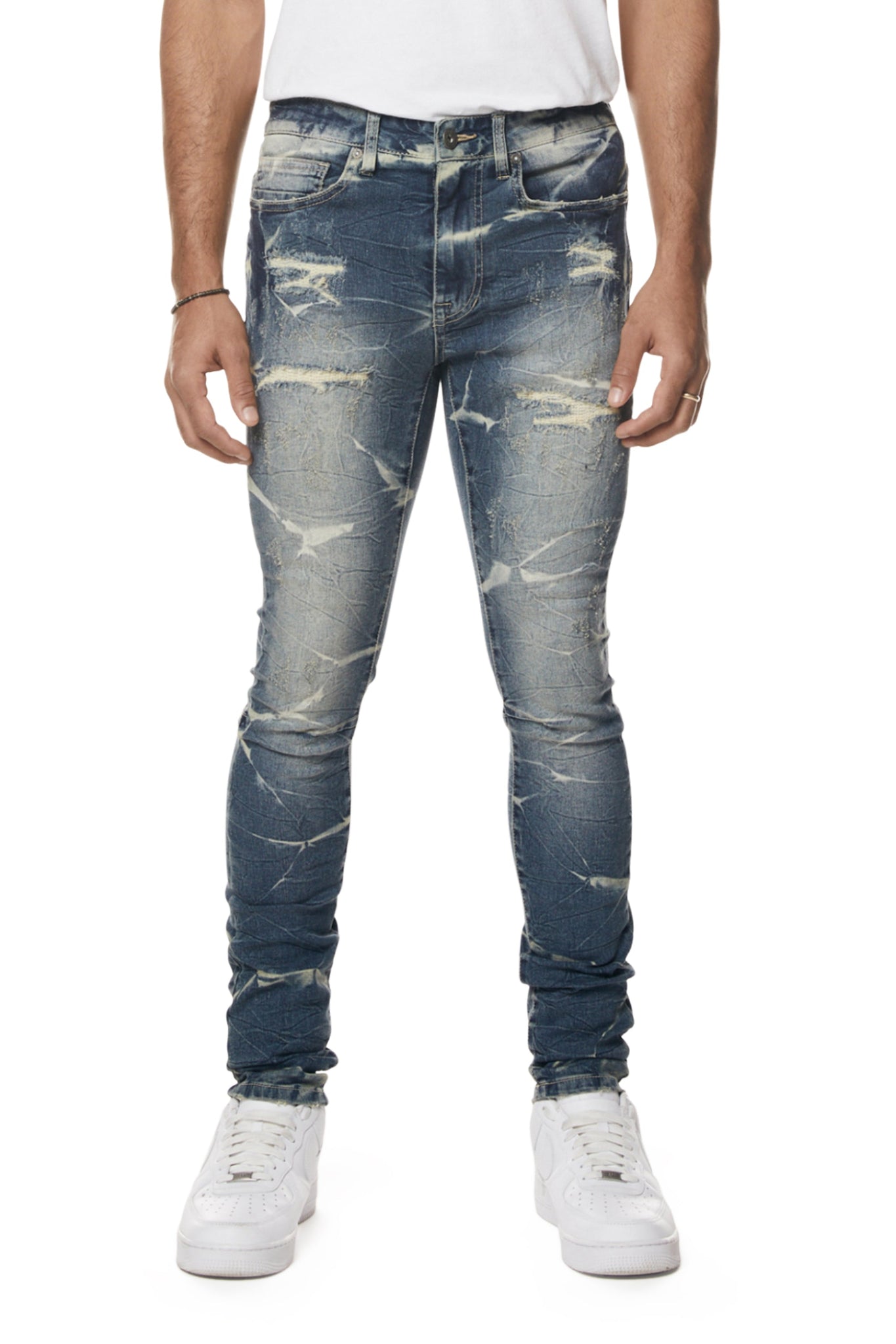 Smoke Rise - Shotgun Effect & Lightening Washed Super Skinny Jeans (Westport Blue)