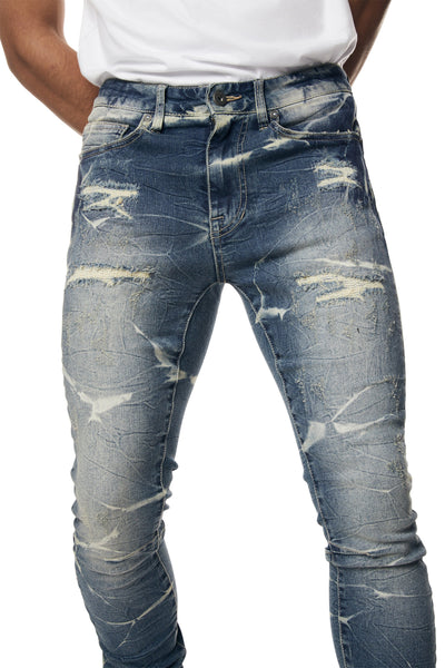 Smoke Rise - Shotgun Effect & Lightening Washed Super Skinny Jeans (Westport Blue)