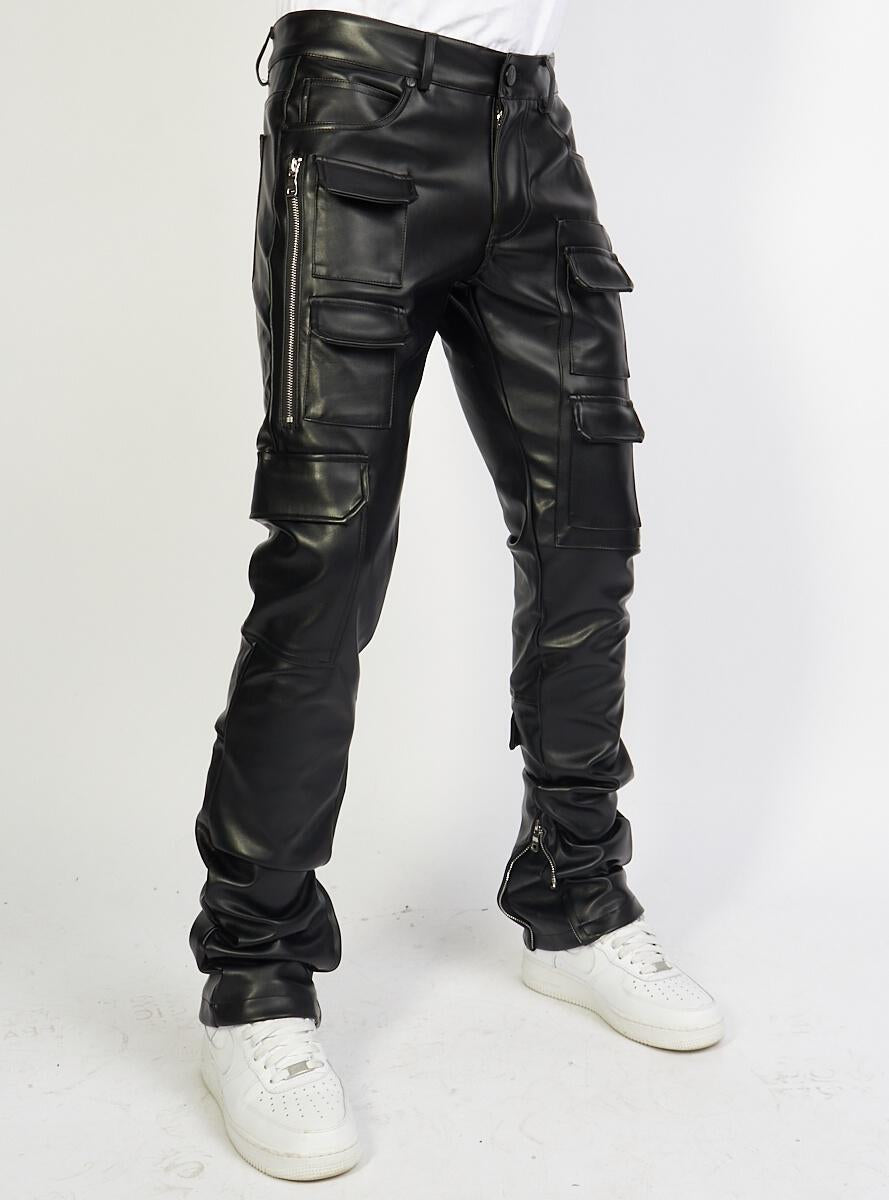 Politics Jeans - PU Cargo Stacked Zip Flare Jeans (Black)