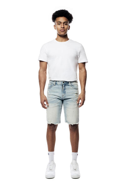 Smoke Rise - Gun Shot & Grinding Effect Jean Shorts (Natick Blue)