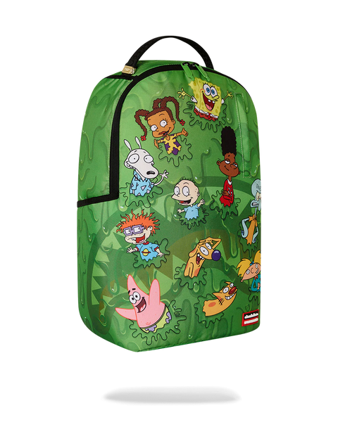 Sprayground 90s Nickelodeon Slime Drip backpack with cartoon character designs on a green background