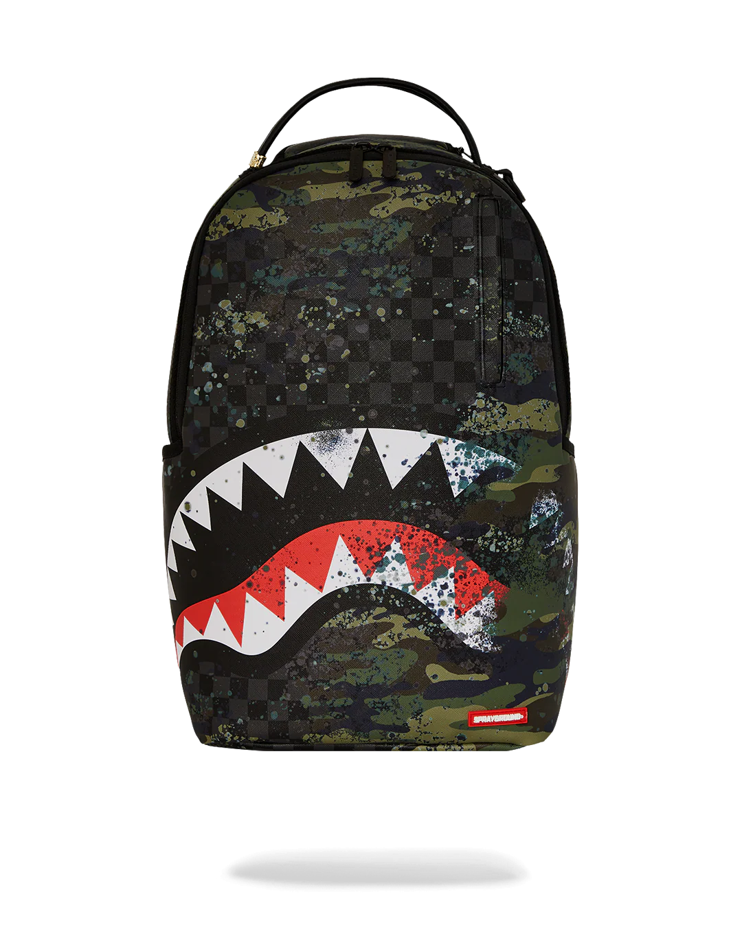Sprayground Camo Splash Backpack. Camouflage backpack with shark mouth design on a white background