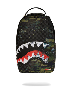 Sprayground Camo Splash Backpack. Camouflage backpack with shark mouth design on a white background