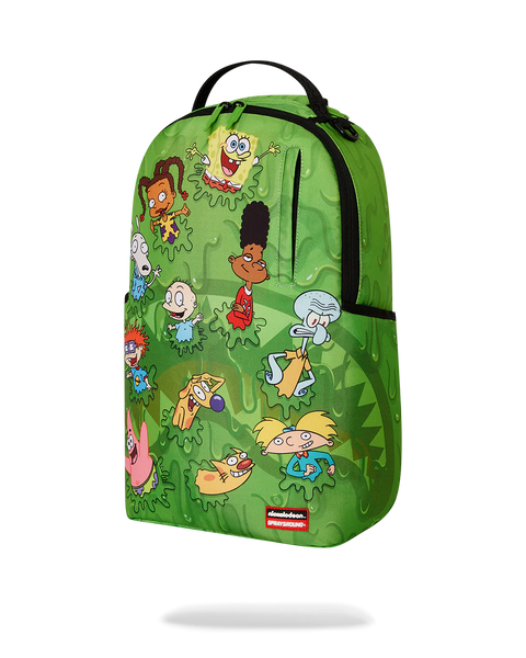 Sprayground 90s Nickelodeon Slime Drip backpack with cartoon character designs on a green background