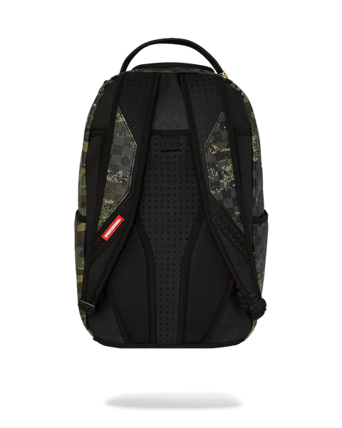 Sprayground Camo Splash Backpack. Camouflage backpack with shark mouth design on a white background