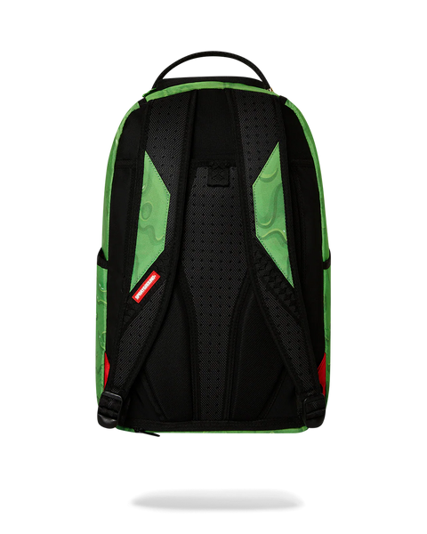 Sprayground 90s Nickelodeon Slime Drip backpack with cartoon character designs on a green background
