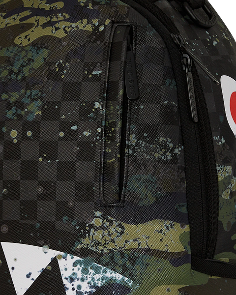 Sprayground Camo Splash Backpack. Camouflage backpack with shark mouth design on a white background