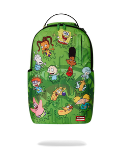 Sprayground 90s Nickelodeon Slime Drip backpack with cartoon character designs on a green background