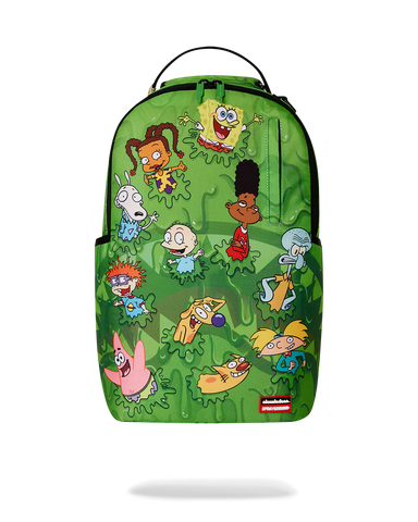Sprayground 90s Nickelodeon Slime Drip backpack with cartoon character designs on a green background