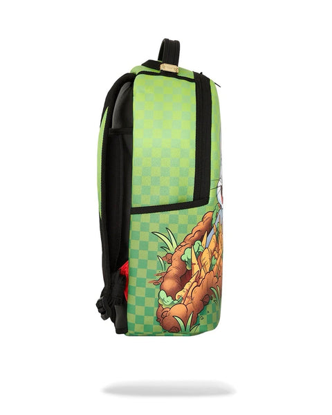 Sprayground Bugs BunnyGreen checkered backpack with cartoon character design on a white background