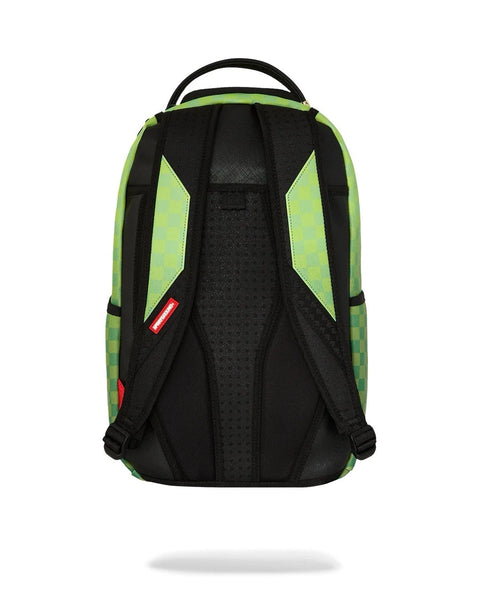 Sprayground Backpack with green accents on a white background