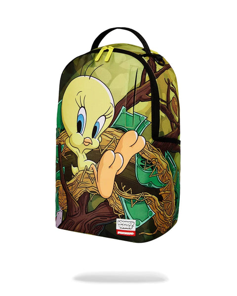 Sprayground Looney Tunes Tweety Money Nest Backpack cartoon character design on a white background