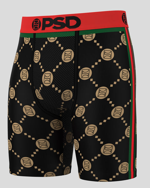 PSD Boxer in black and red and green with pattern and red waistband on a gray background