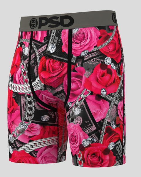 PSD Underwear with pink roses, money, and chains design on a gray background